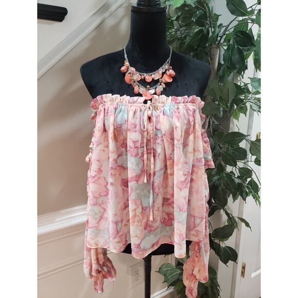 FOREVER 21 Contemporary Blouse Top Womens Pink Floral Large Strapless Drawstring - Picture 2 of 9